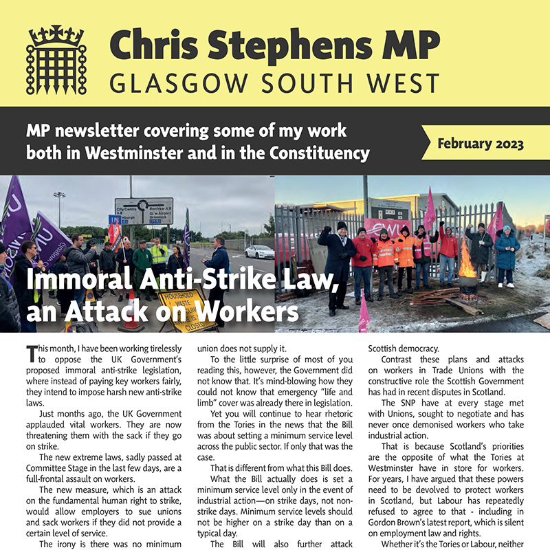 Front page of my February 2023 Newsletter. The heading is 'Immoral Anti-Strike Law, an Attack on Workers' behind this is two pictures of me at strikes supporting the workers.