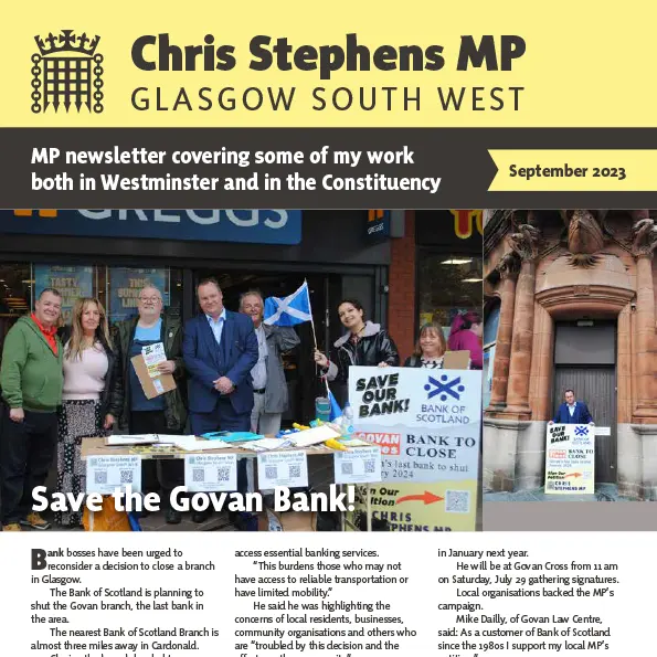 Chris Stephens MP's September 2023 newsletter front page. This includes