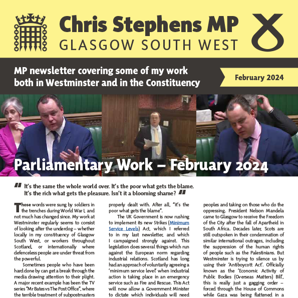 Front of Chris Stephens MPs February 2024 Newsletter. It has a images of Chris Stephens MP in Westminster with the Headline 'Parliamentary Work – February 2024'
